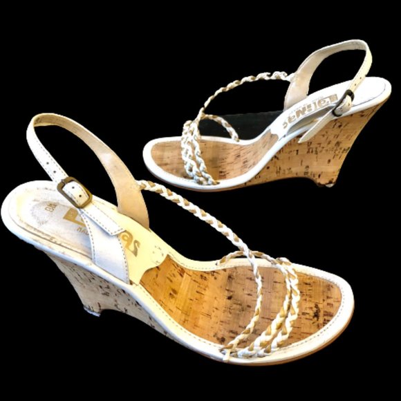 Latinas Vintage 80's White Leather Slingback Cork Wedge Sandal FLAW - Picture 1 of 10